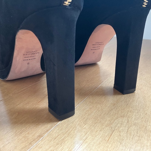 Stuart Weitzman Black Suede Booties with Gold-Tone Zipper - Picture 5 of 13